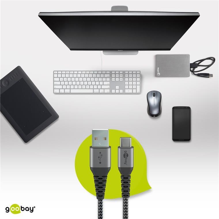 Goobay USB-C™ auf USB-A Textilkabel mit Metallsteckern (space grau/silber) 2 m, 2 m, Schwarz-Grau - elegantes und extra-robustes Verbindungskabel für Geräte mit USB-C™ Anschlus (49297)