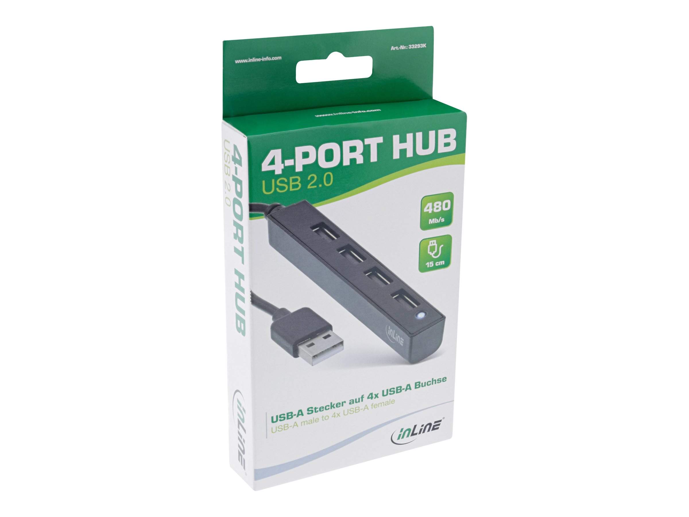 InLine USB 2.0 4-Port Hub USB-A Stecker auf 4x USB-A Buchse 15 cm Kabel Schwarz