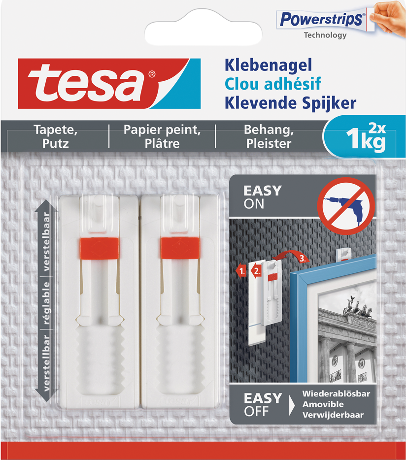 TESA Klebenagel, 2 Stück, für Tapeten und Putz, bis zu 1kg pro Nagel, weiß