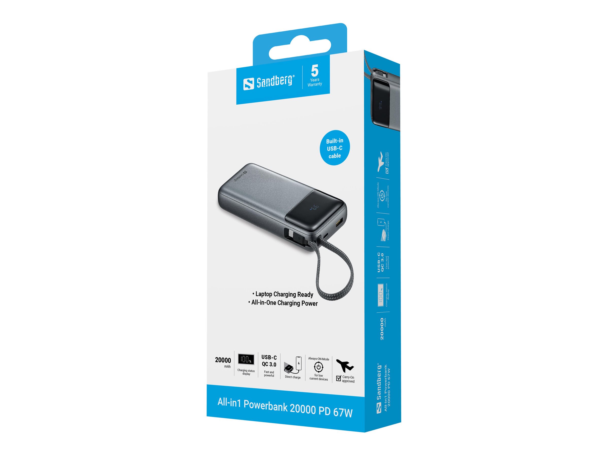 Sandberg All-in-1 Powerbank 20000 mAh 67 W USB-C USB-A Power Delivery LCD Schwarz Grau