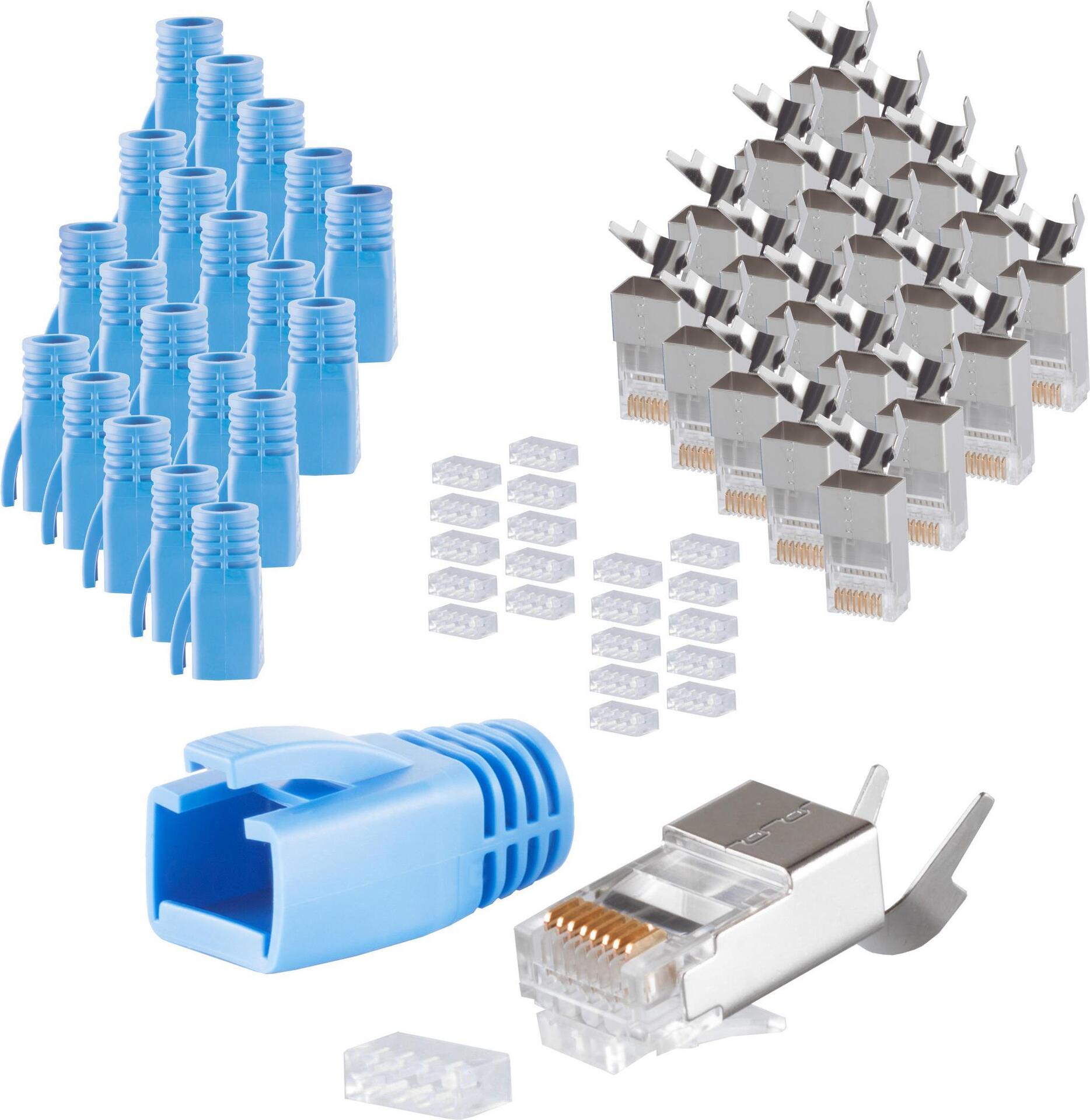 S/CONN maximum connectivity Netzwerk Modular Stecker RJ45 SET für Verlegekabel bis AWG 23, Stecker mit Zugentlastung, Einführhilfe und Tülle, blau VE 20 (72067-20B)