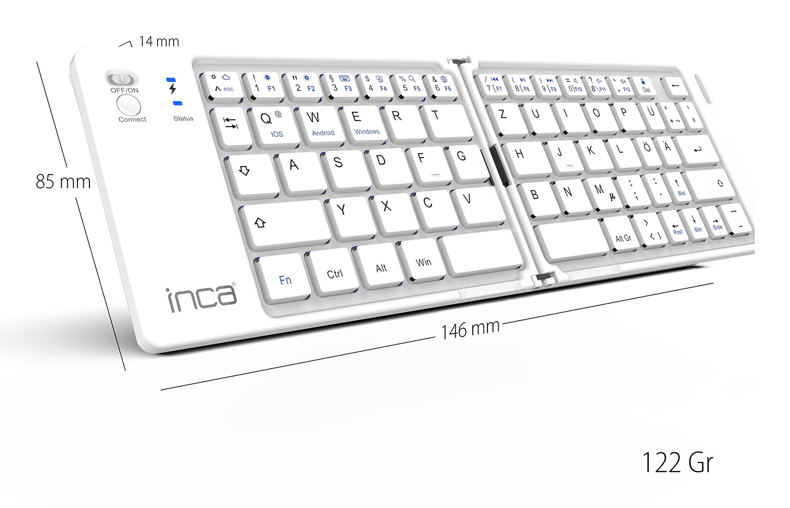 INCA IBK-580BT Kabellose Mini-Tastatur Faltbar Bluetooth 5.0 USB-C Weiß