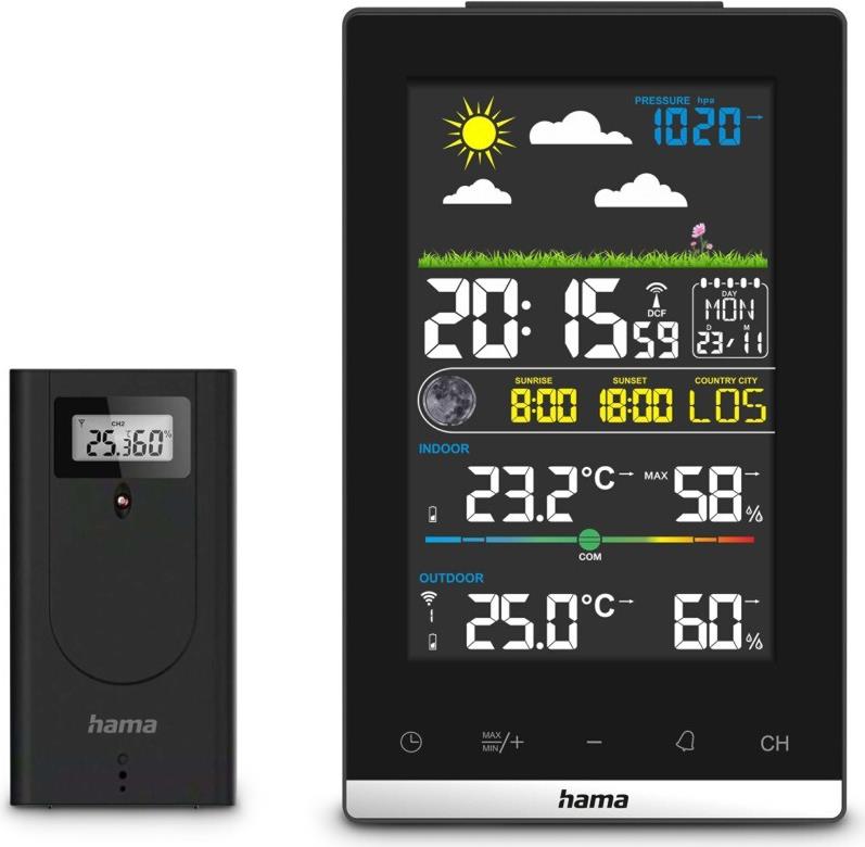 Hama Wetterstation Jamaika, mit Außensensor, Funk, Wecker, Raumklima, Schwarz (00222239)