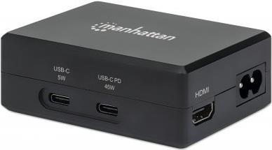Manhattan Smart Video Power Delivery Charging Hub, Multiport Dock with One HDMI Port, USB-C PD Port up to 45 W, USB-C up to 5 V/1 A, Two USB 3.2 Gen1 aka USB 3.0 Type-A Ports, Internal Power Supply, Ultra-Compact, Detachable Power Cable, Black (Euro 2-pin plug) (130554)