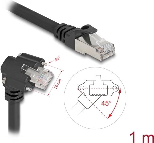 Delock GigE Kamera Kabel RJ45 Stecker 45° gedreht und 90° gewinkelt mit Schrauben zu RJ45 Stecker Cat.6 S/FTP 1 m schwarz (80917)