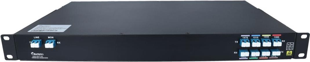 BlueOptics CWDM Multiplexer 8-Kanal Racklösung, Singlemode, G.657.A1 E9/125µm, mit Monitor Port, MUX/DEMUX, TFF (Thin Film Filter), niedrige Eingangsdämpfung: <2.5, Return Loss: >45, RAL9004 (schwarz), 19'' 1HE (BOCR8-H-LA-LA)