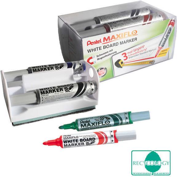 Pentel Maxiflo MWL5M Whiteboard-Marker Set mit Schwamm, Rundspitze 2,1 mm, Schwarz