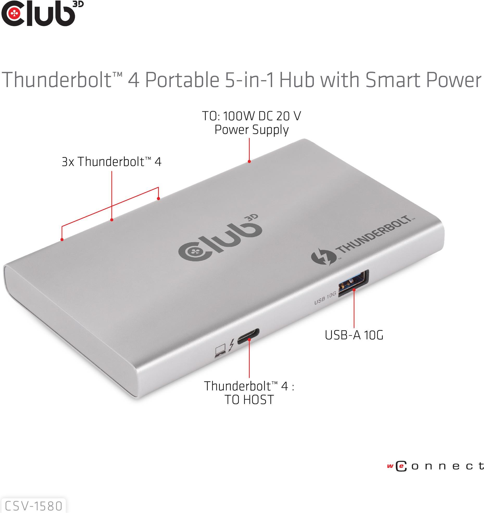Club 3D CSV-1580 Thunderbolt 4 Tragbarer 5-in-1 Hub mit Smart Power Silber