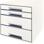 Esselte-Leitz LEITZ Schubladenbox WOW CUBE, 4 Schübe, perlweiß/grau für Format DIN A4 Maxi, Hochglanz, Schubladen mit Auszugs - 1 Stück (5213-20-01)