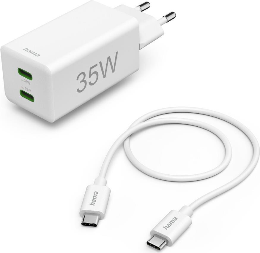 Hama Schnellladegerät + Kabel, 2x USB-C, PD/QC, Mini-Ladegerät, 35W, 1 m, Weiß (00125116)