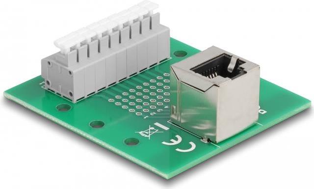 Delock RJ45 Buchse zu Terminalblock mit Drucktaster für Hutschiene gewinkelt (66993)