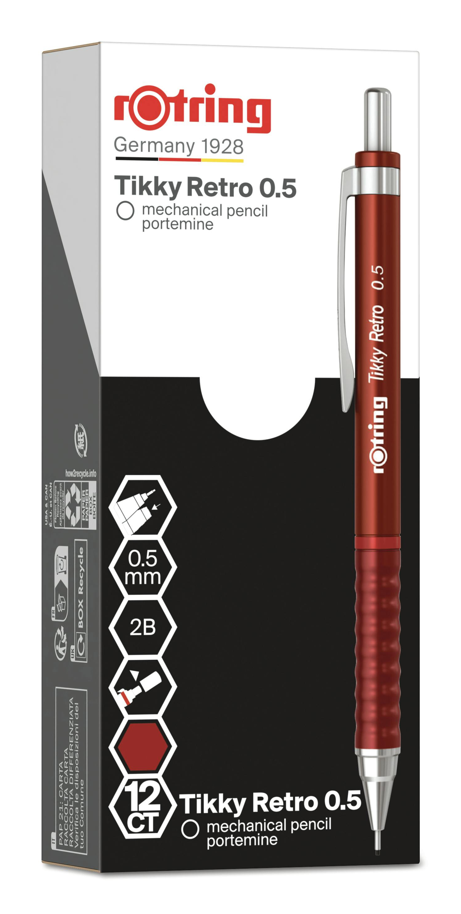 rotring Feinminenstift Tikky Retro, 0,5 mm, rot verchromte, starre Röhrchenspitze, gummierte, gewellte - 1 Stück (2202568)