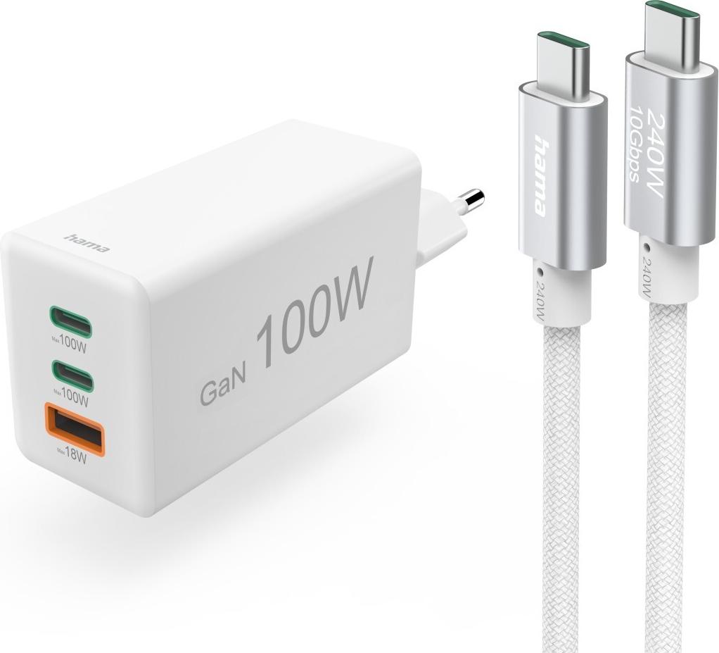 Hama Schnellladegerät mit Ladekabel USB-C, für Laptop, PD, 100 W, 1,5 m, Weiß (00200027)