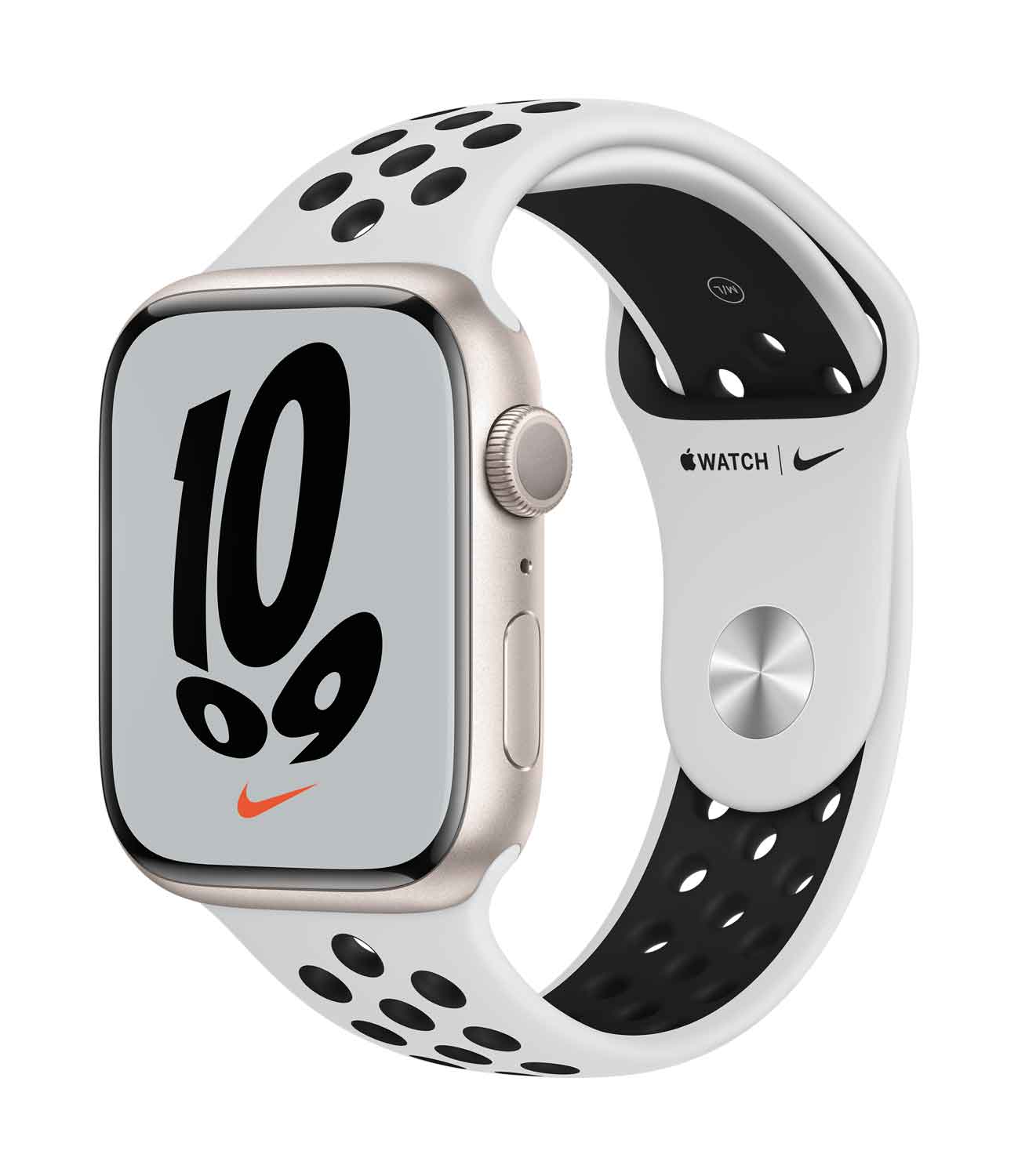Apple Watch S7 Nike Aluminium 45mm Sternenlicht Sportarmband platinum/schwarz 45 mm Aluminiumgeh?äuse Sternenlicht, Nike Sportarmband platinum/schwarz. Armband 140-210 mm Umfang. (MKNA3FD/A)