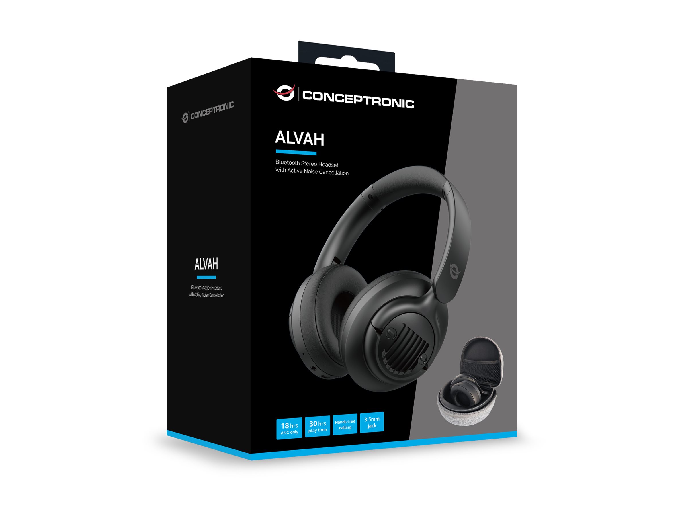 Conceptronic ALVAH02B Bluetooth 5.4 Over-Ear-Headset mit ANC und 3,5 mm, Schwarz