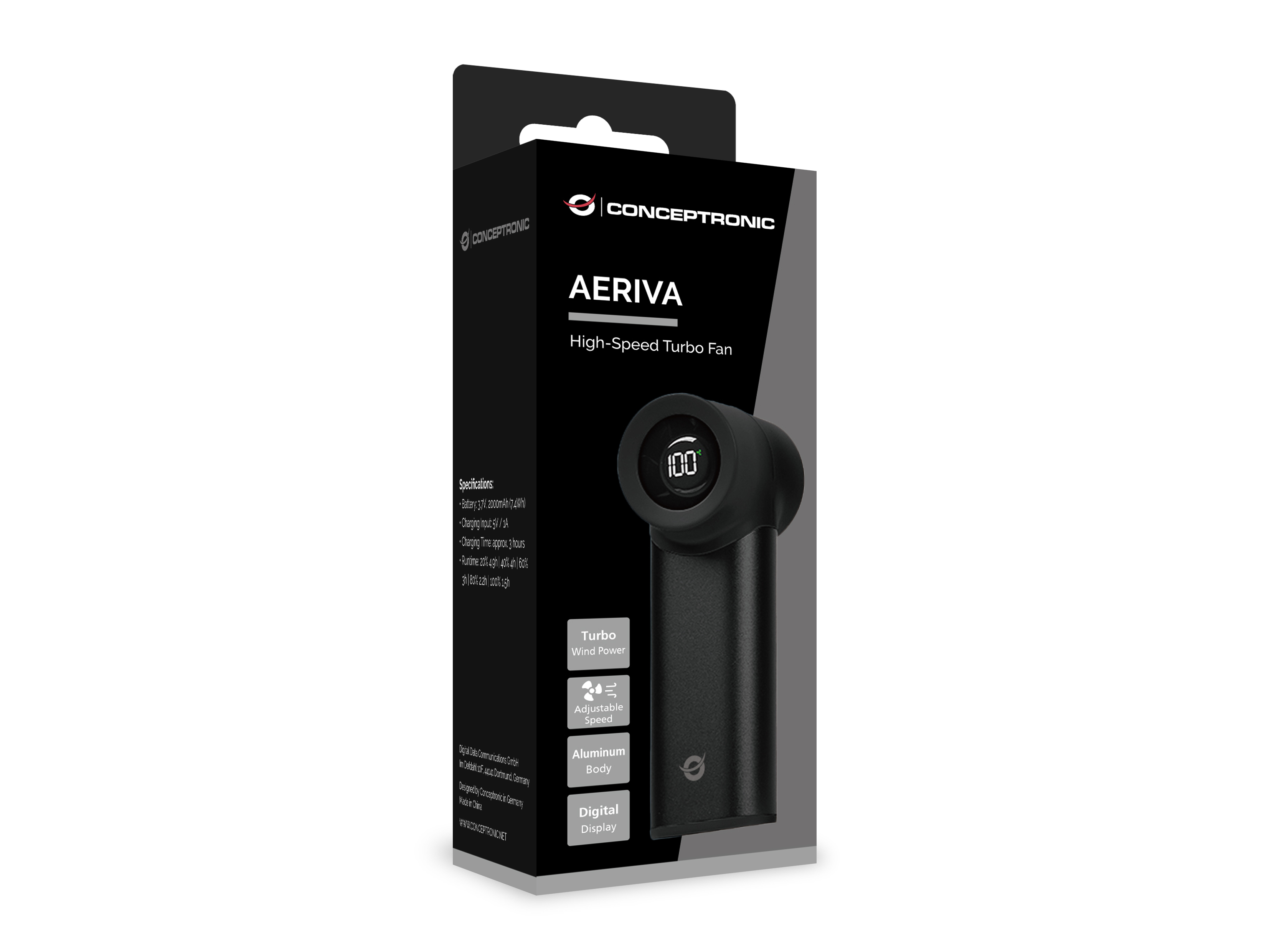 Conceptronic AERIVA02B Handventilator High-Speed Turbo USB-C Aluminium Schwarz