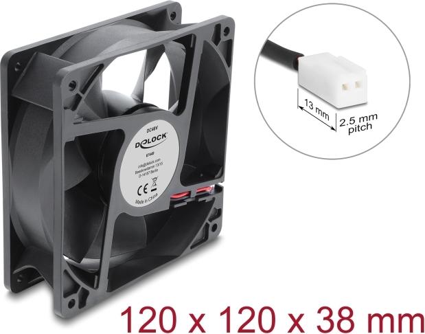 Delock Axiallüfter 48 V DC, 120 x 120 x 38 mm mit 2 Pin Lüfteranschluss schwarz (67449)