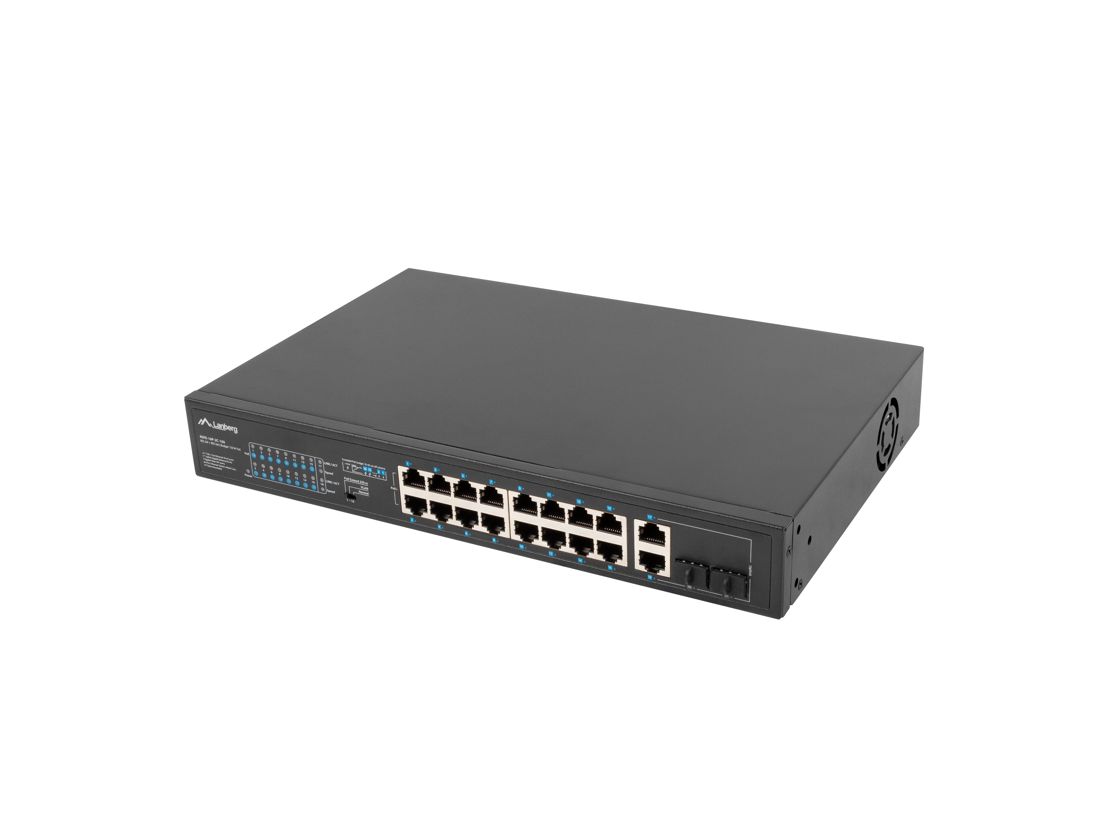 Lanberg RSFE-16P-2C-150 Switch 16 x 10/100 PoE+ 2 x Combo Gigabit SFP/RJ-45 Schwarz