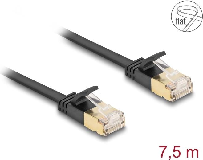 Delock RJ45 Netzwerkkabel Cat.6A Stecker zu Stecker mit robuster Rastnase und Cat.7 Rohflachbandkabel U/FTP 7,5 m schwarz (80349)