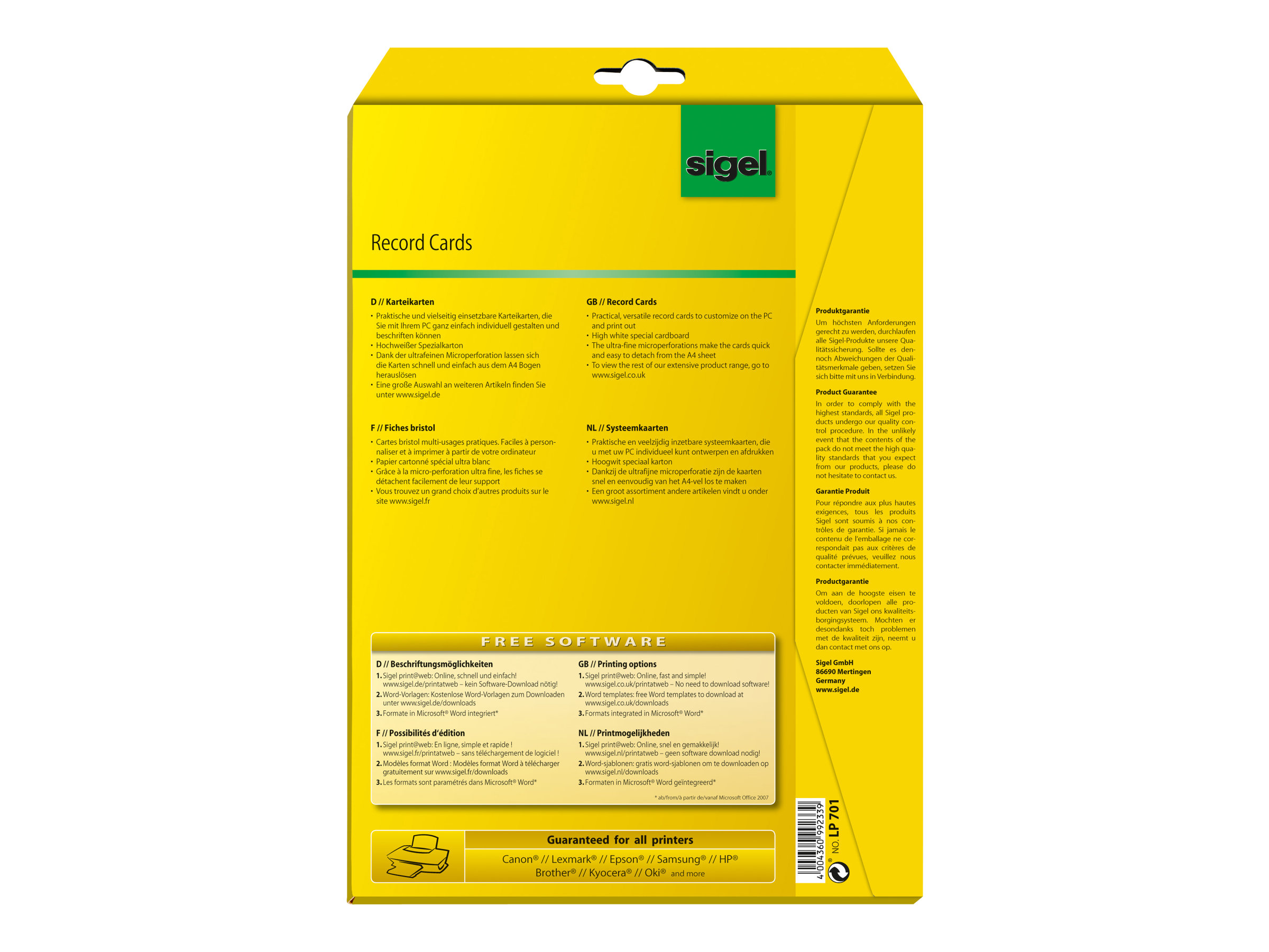 Sigel LP701 PC-Karteikarten A7 185 g/m² Weiß