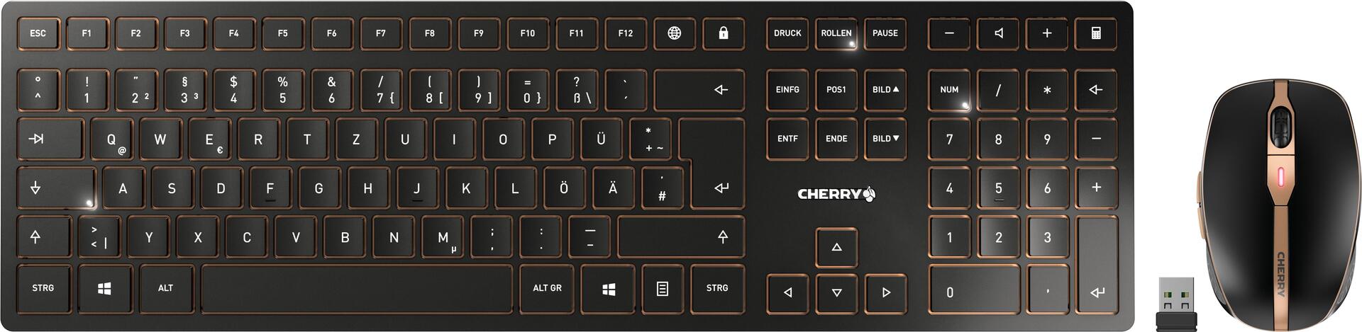 CHERRY DW 9100 SLIM - Tastatur-und-Maus-Set - kabellos - 2,4 GHz, Bluetooth 4,2 - QWERTZ - Deutsch - schwarz/bronze (JD-9100DE-2)