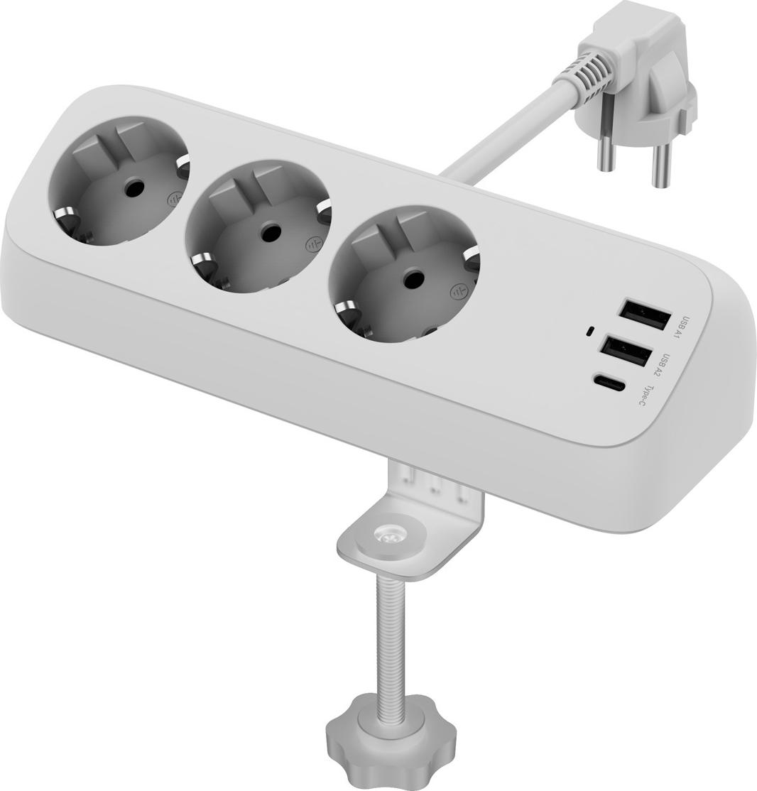 VALUE Tischsteckdosenleiste. 3-fach + 3x USB (2x A + 1x C), PD 32W, Tischklemm (19.99.1034)