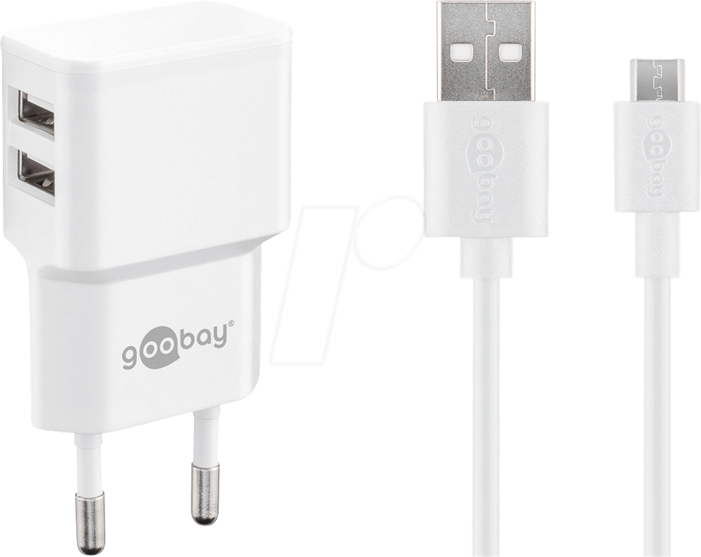 Goobay Micro USB Dual Ladeset 2,4 A, Weiß, 1 m - Netzteil mit 2x USB-Buchse und Micro USB Kabel (44985)