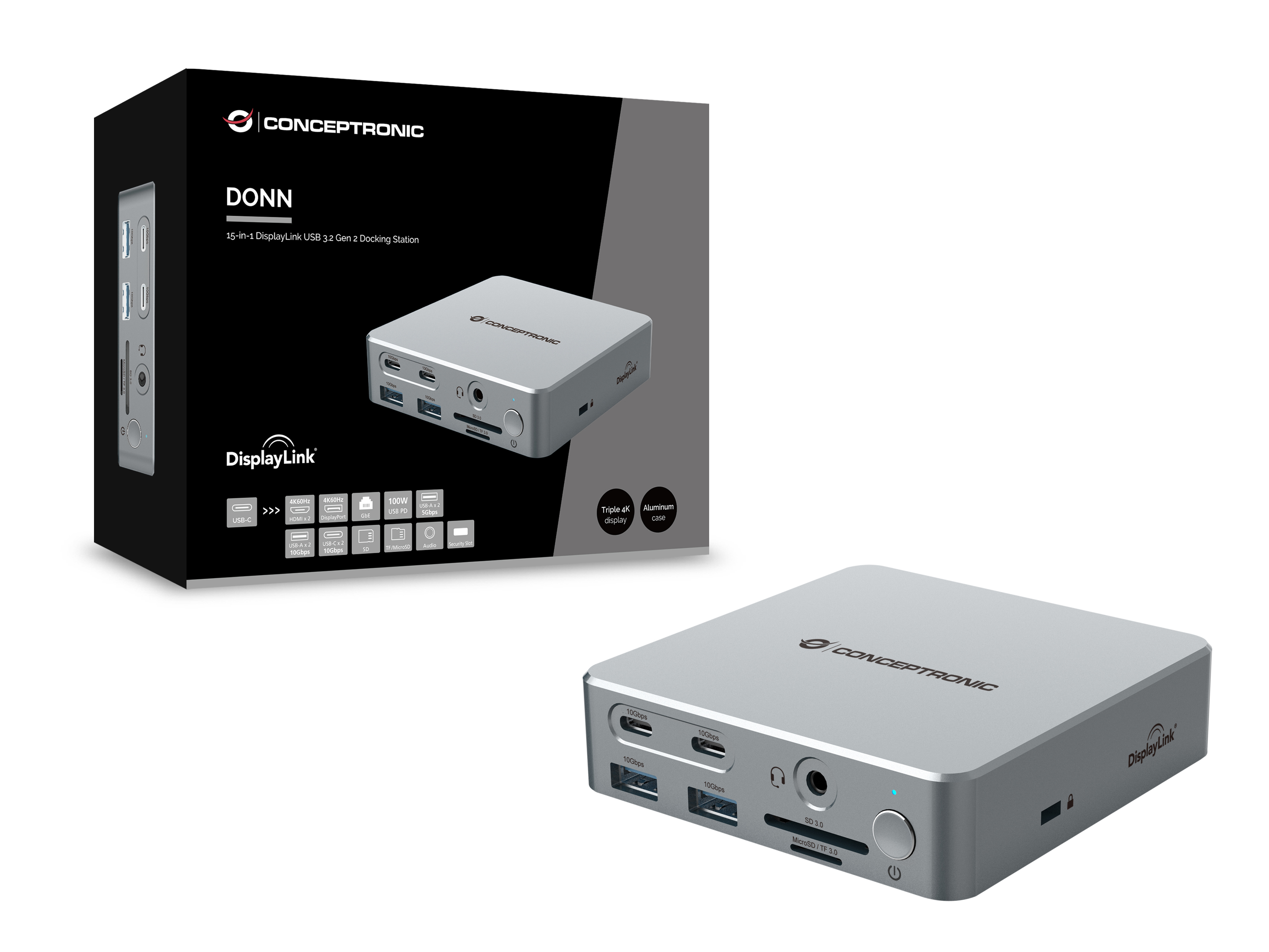 Conceptronic DONN25G 15-in-1 DisplayLink USB 3.2 Gen 2 Dockingstation Silber