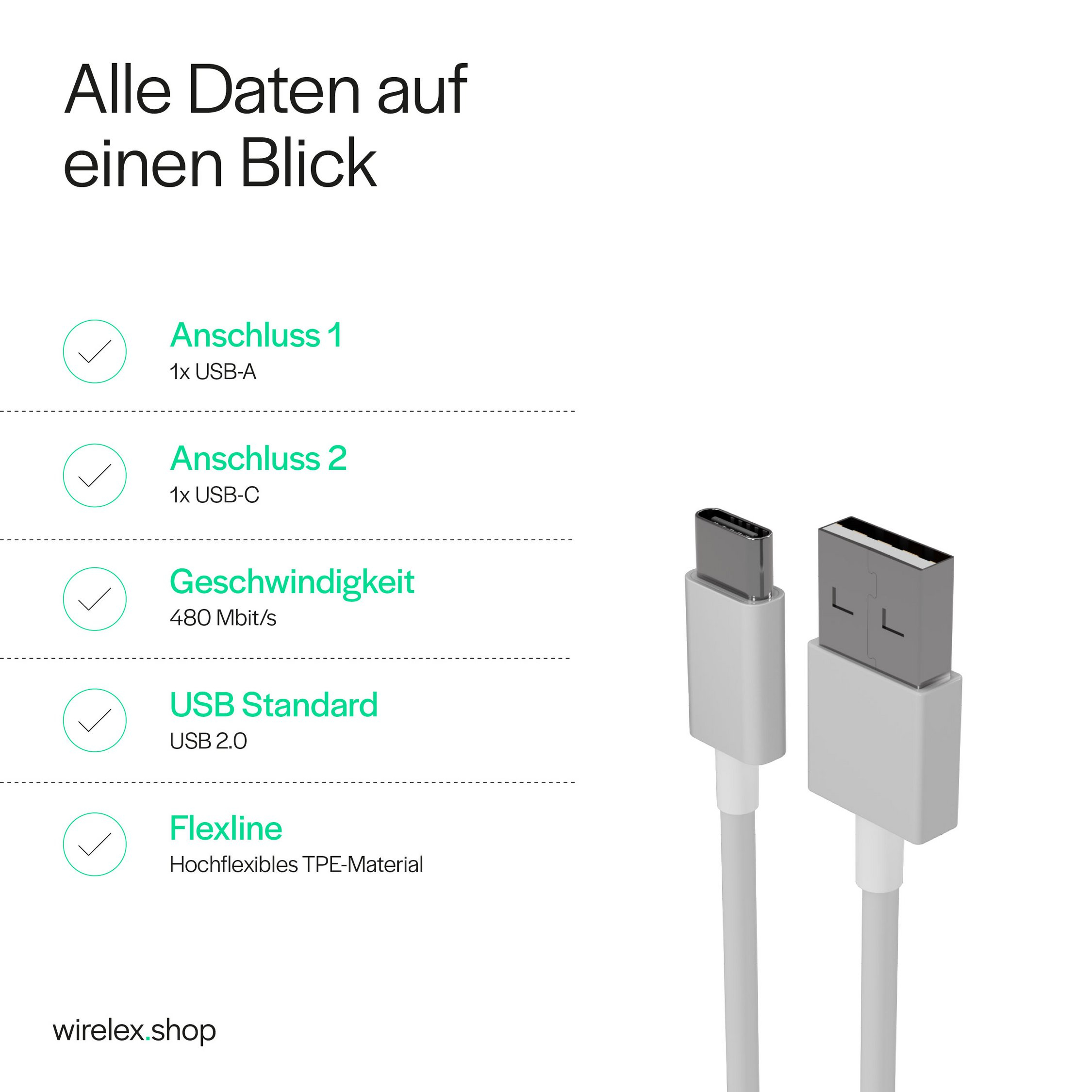 Flexline USB-A auf USB-C Lade- und Sync-Kabel, USB 2.0, 1 m, Weiß