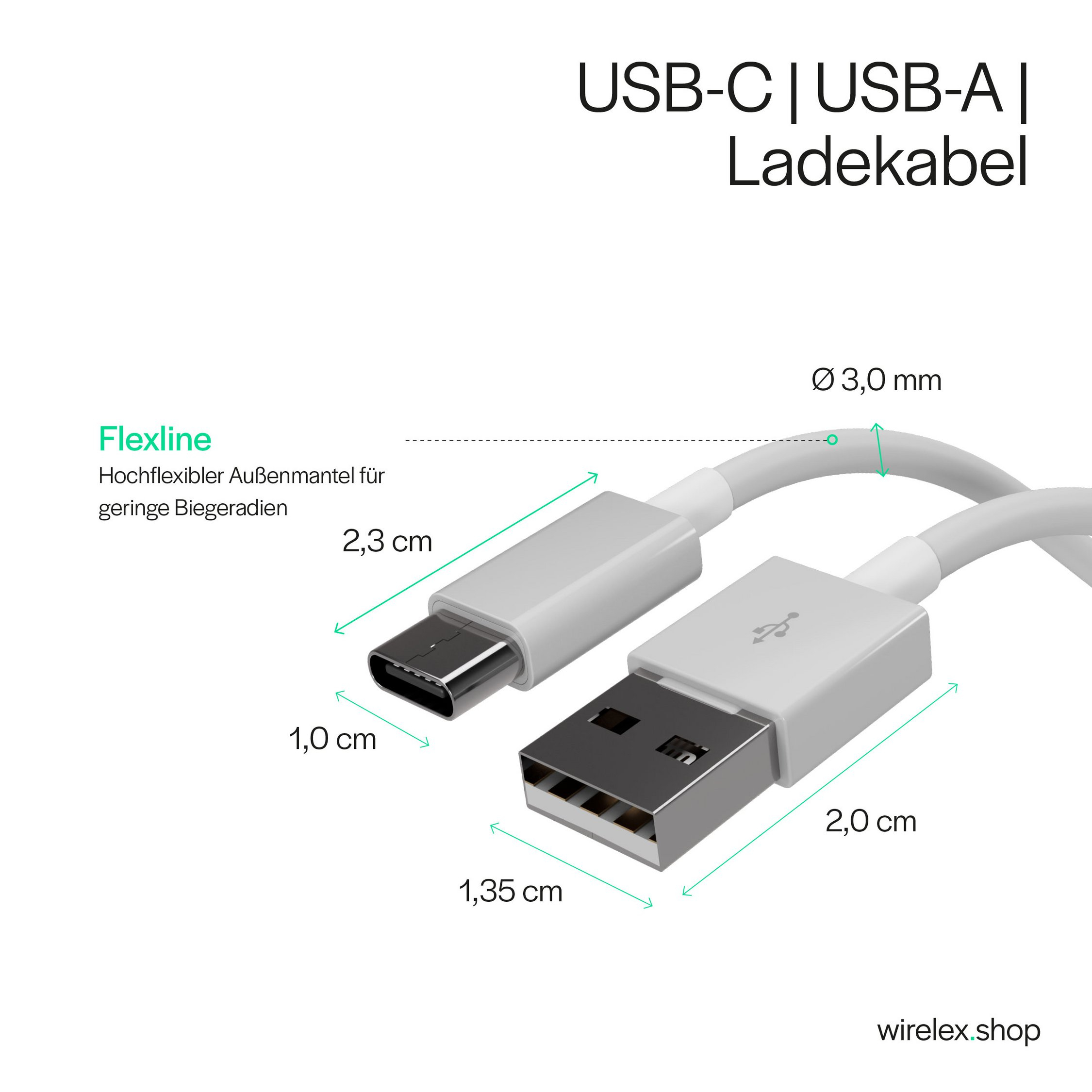 Flexline FL31-13040 USB Lade-Sync Kabel, USB A auf USB C, USB 2.0, 60 W, 0,5 m, Weiß