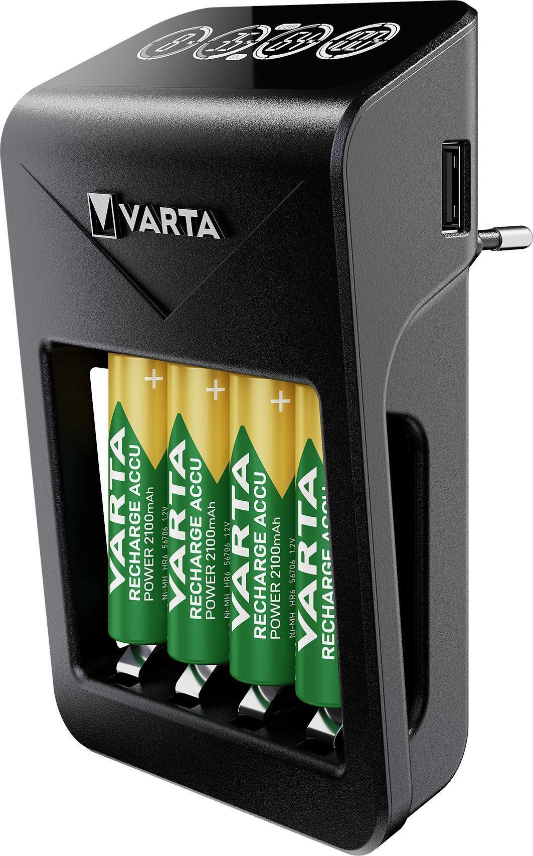 Varta LCD Plug Charger+ Batterieladegerät inkl. 4x AA 2100 mAh USB Schwarz