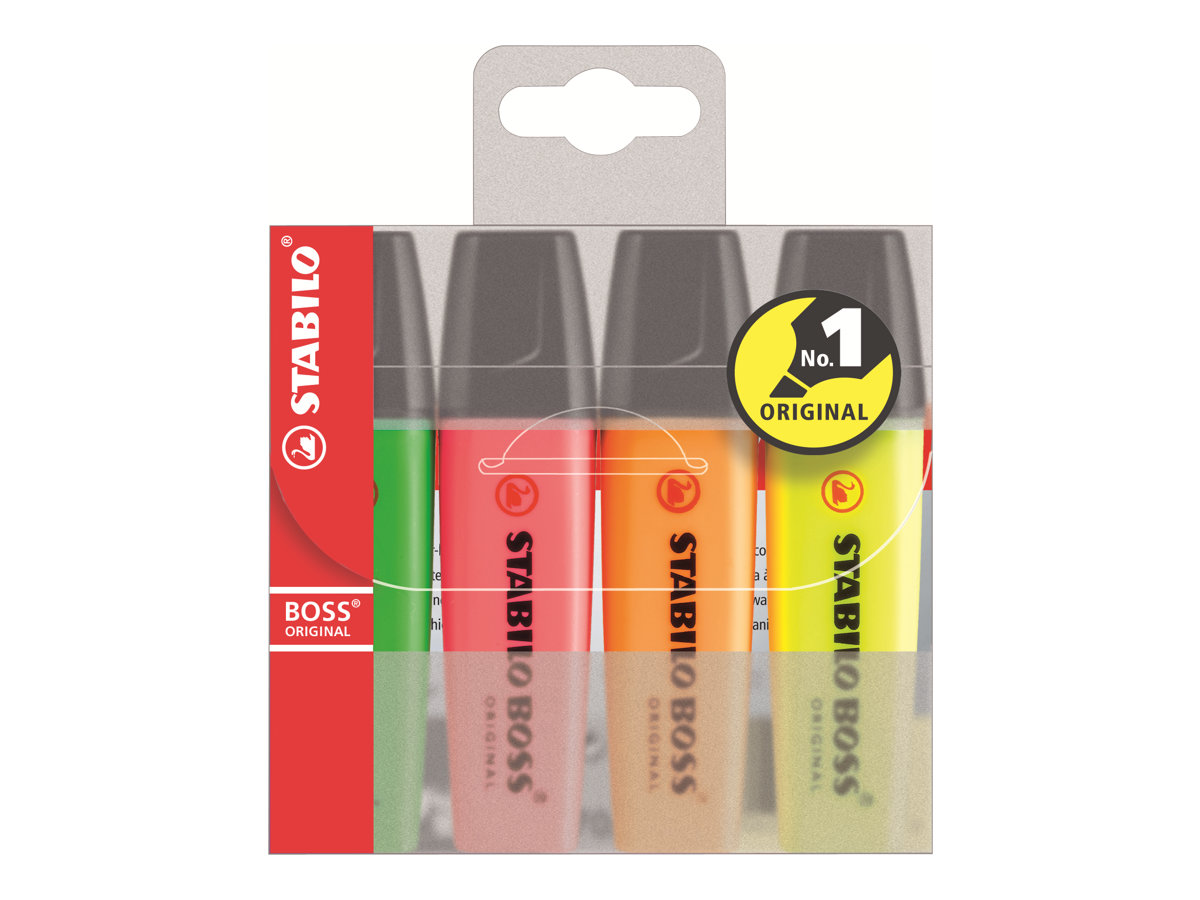 STABILO BOSS ORIGINAL Textmarker, 4er Set, Keilspitze 2-5 mm, Mehrfarbig