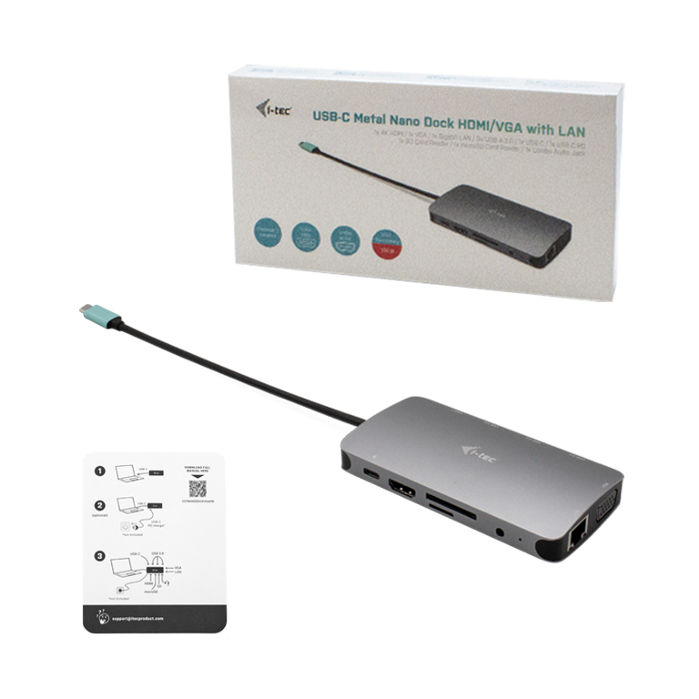 i-tec Nano Dock USB-C Dockingstation mit HDMI, VGA, Gigabit Ethernet und 100W Netzteil