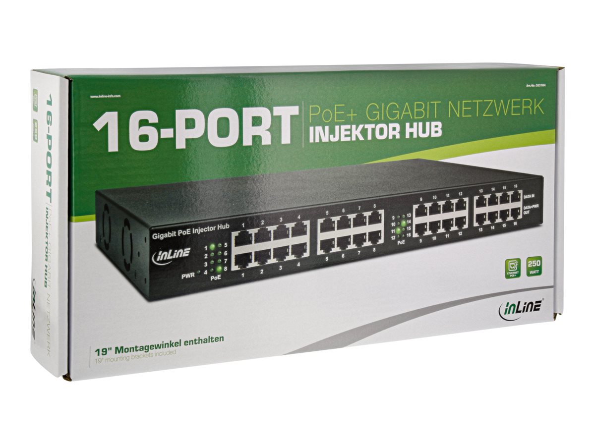InLine PoE+ Gigabit Netzwerk Injektor Hub 16 Port 250 W Schwarz