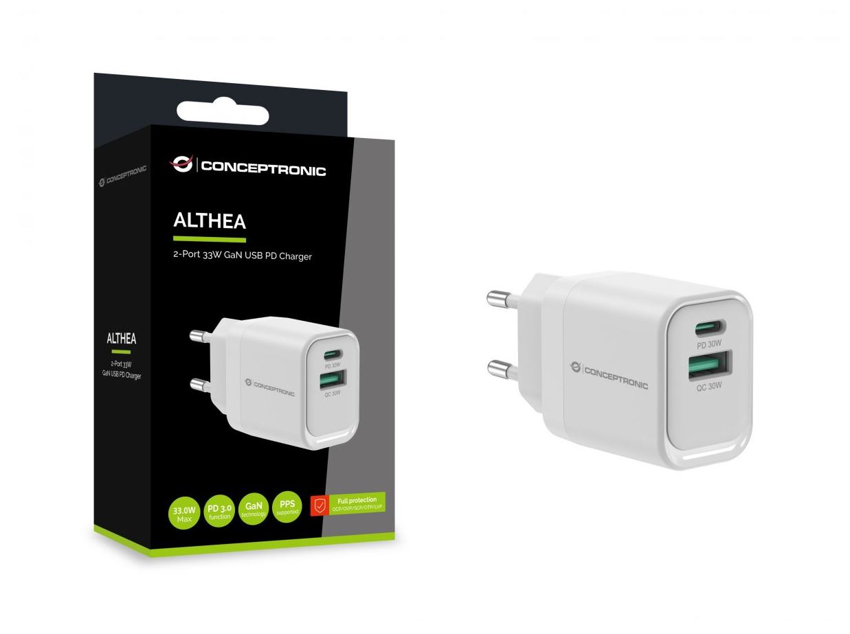 Conceptronic Ladegerät 2Port 33W 1xUSB-C 1xUSB-A weiß (ALTHEA19W33)