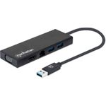 Manhattan USB-A Dock/Hub, Ports (x5): Ethernet, HDMI, USB-A (x2) and VGA, Micro-USB Power Input Port (Optional, only when additional power needed. Not required for dual monitor functionality. Cable not included), Aluminium, Black, Three Year Warranty, Retail Box (152846)