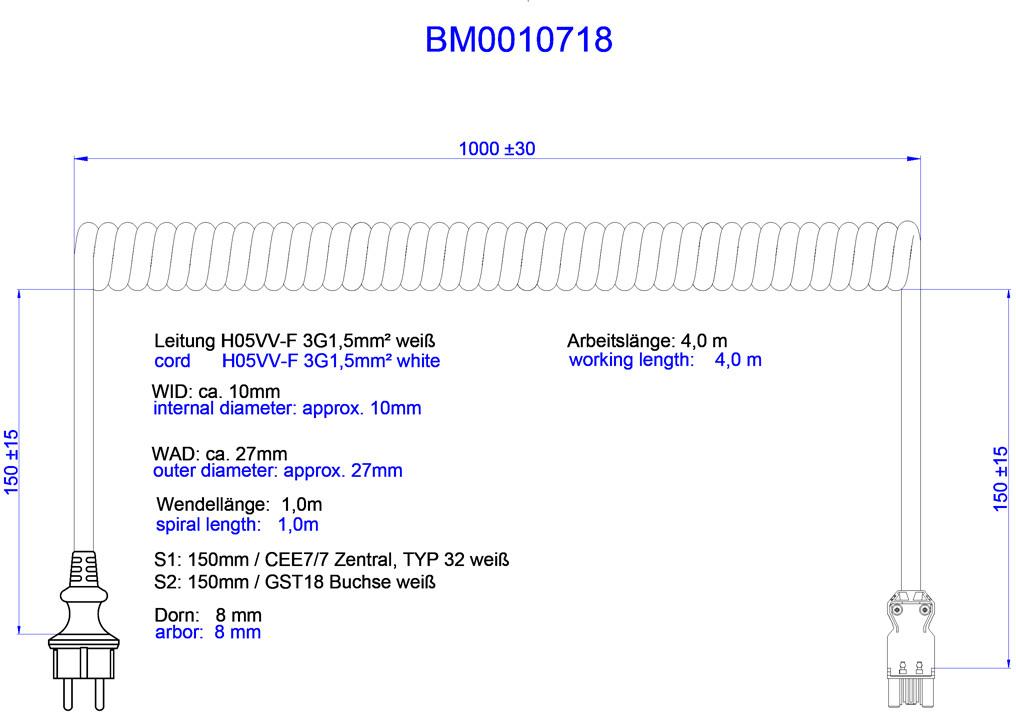BACHMANN Spiralleitung H05VV-F 3G1,5mm² L:1,0m ws ISV/CEE7/7 (BM0010718)