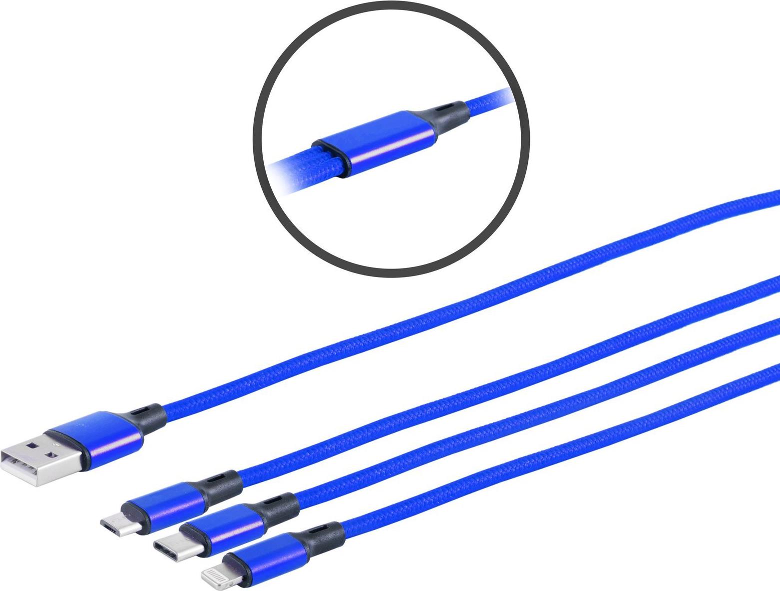 S/CONN maximum connectivity USB 3in1 Ladekabel A Stecker auf USB Micro B + USB Typ C + 8-pin Stecker, blau, 1,2m (14-50071)