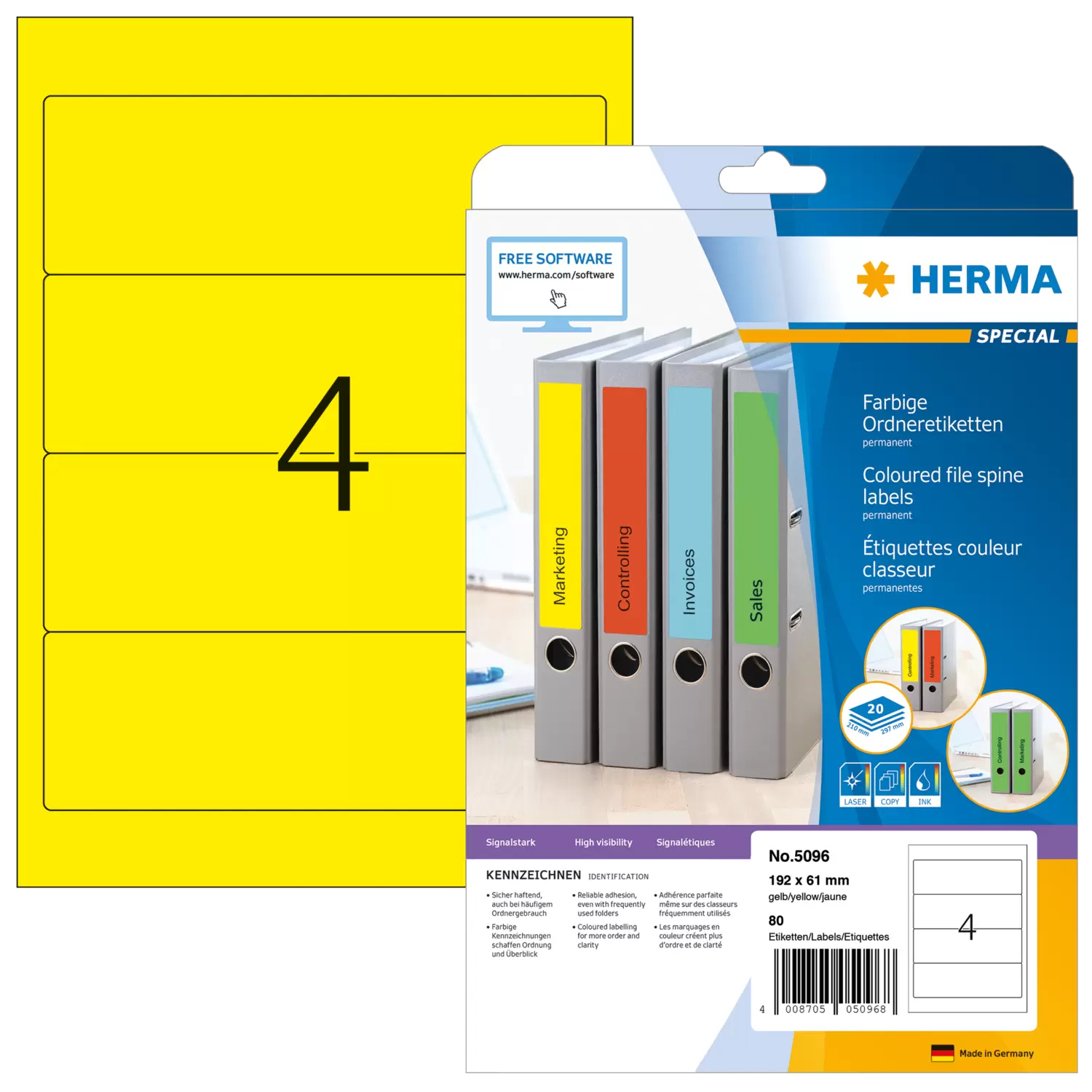HERMA Special Ordner-Etiketten 192 x 61 mm 80 Etiketten Gelb