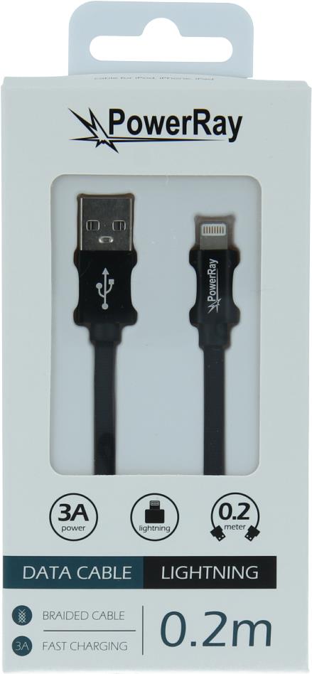 PowerRay Data Cable PR-DCUL020TBK, USB / LIGHTNING, 0.2 m, Textile black, Blister (PR-DCUL020TBK)