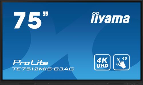 iiyama 75" iiWare10 , Android 11, 40-Points PureTouch IR with zero bonding, 3840x2160, UHD IPS panel, Metal Housing, Fan-less, Speakers 2x 16W front, VGA, 3x HDMI, HDMI-out, USB-C with 65W PD (front), Audio mini-jack and Optical Out (S/PDIF), USB Touch Interface4948570123704 (TE7512MIS-B3AG)