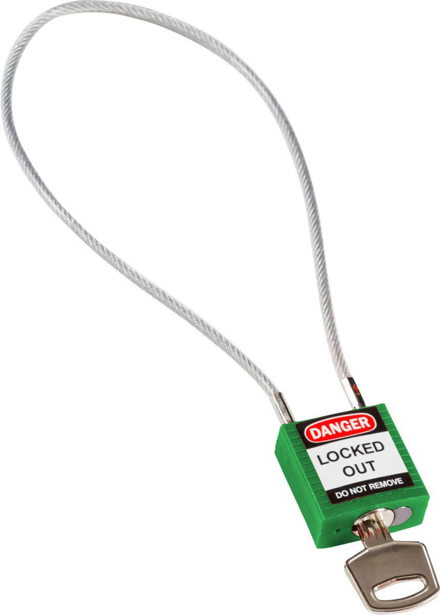 Brady, kompaktes Sicherheitsschloss Nylon mit Kabelbügel, Grün, 400mm Kabellänge, 4,7mm PVC-beschichtetes Kabel (Keyed Different) (1er Pack) (146127)