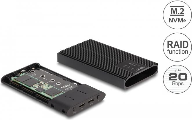 Delock Externes Gehäuse USB 20 Gbps für 2 x M.2 NVMe PCIe SSD mit USB Type-C™ Buchse und RAID - werkzeugfrei (42022)