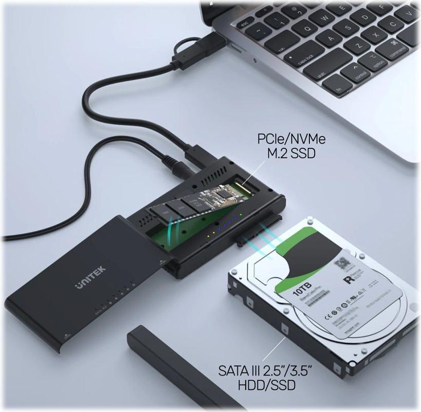 Unitek SolidForce+ S1222A Speichergehäuse SATA/NVMe USB 3.2 Gen 2 für 2,5"/3,5" & M.2 Schwarz