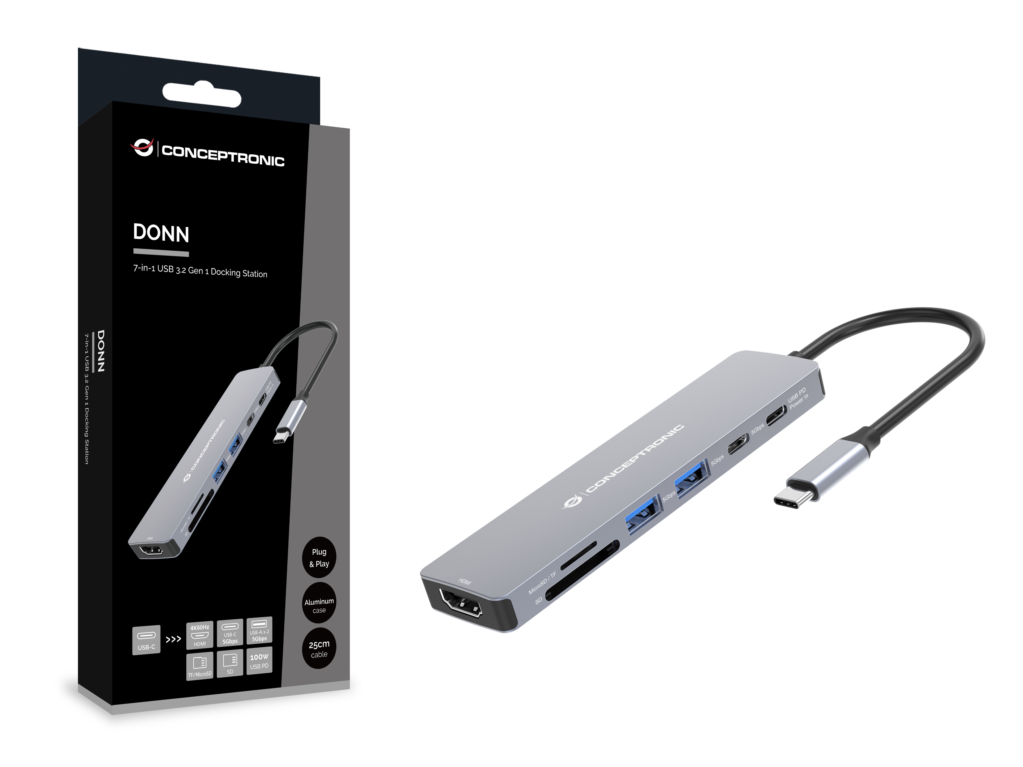 Conceptronic DONN28G 7-in-1 USB 3.2 Gen 1 Dockingstation Grau