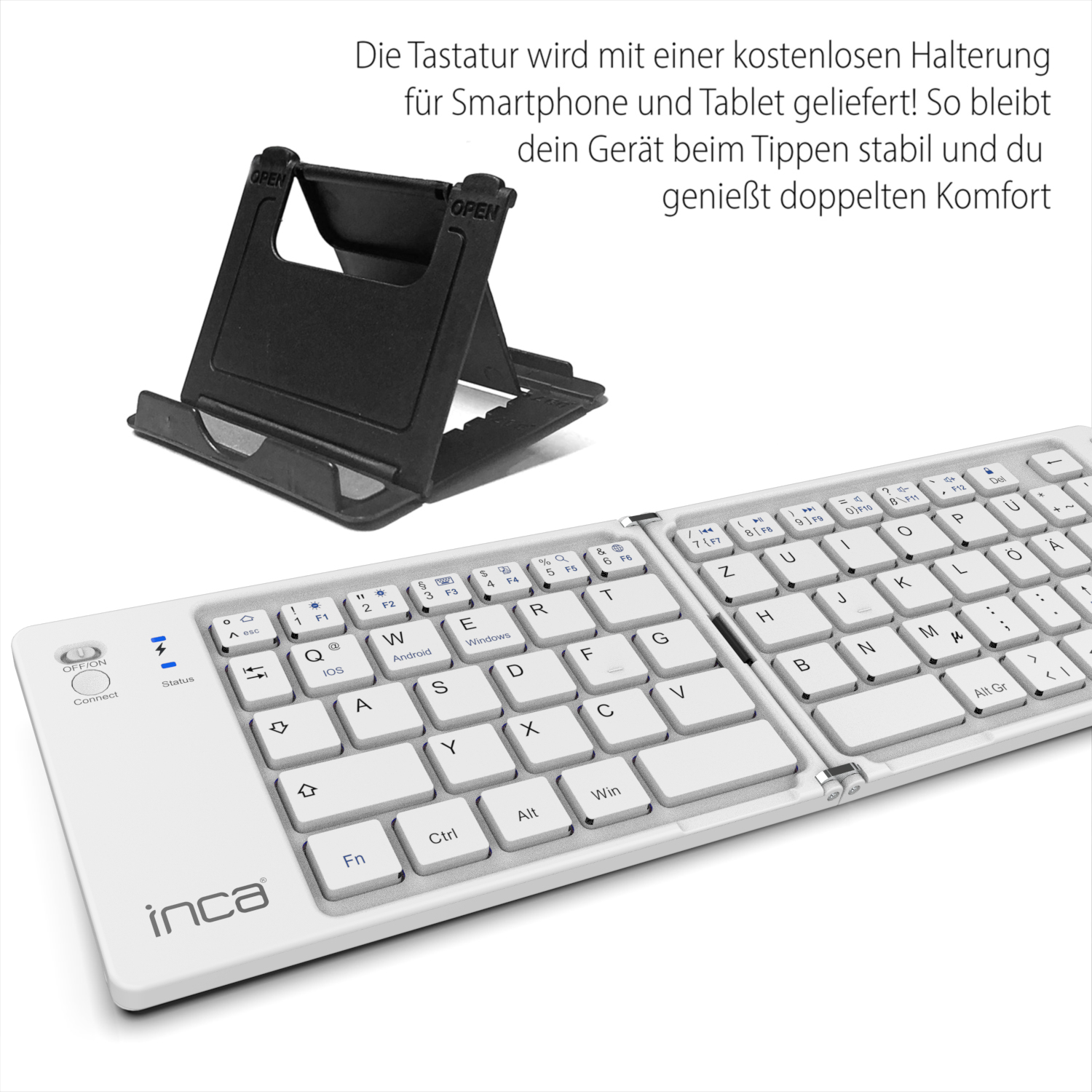 INCA IBK-580BT Kabellose Mini-Tastatur Faltbar Bluetooth 5.0 USB-C Weiß
