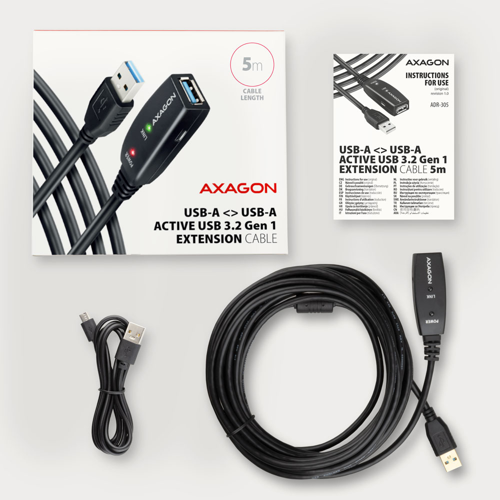 AXAGON ADR-305 USB 3.2 Gen 1 Aktives USB-Verlängerungskabel 5 m Schwarz