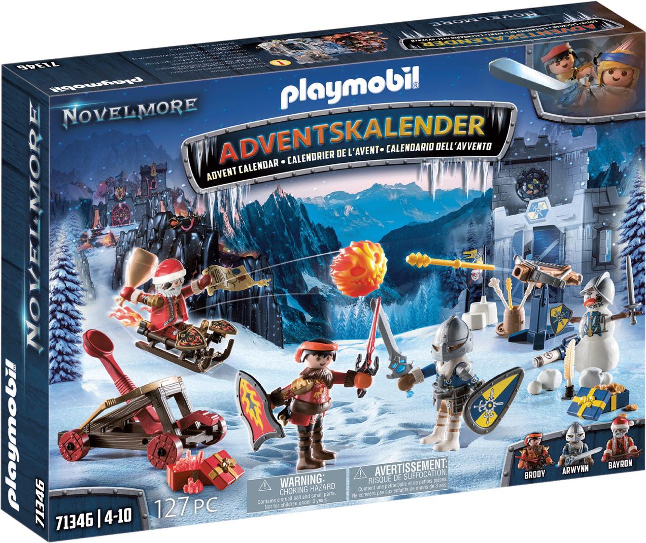 Playmobil Novelmore Adventskalender - Kampf im Schnee. Form: Box, Befestigungstyp: Freistehend, Produktfarbe: Mehrfarbig. Verpackungsinhalt: Figuren: 1 Arwynn, 1 Brody, 1 Bayron als Weihnachtsmann verkleidet, 1 Schneemann Zubehör: 1.... Verpackungsart: Geschlossene Box (71346)