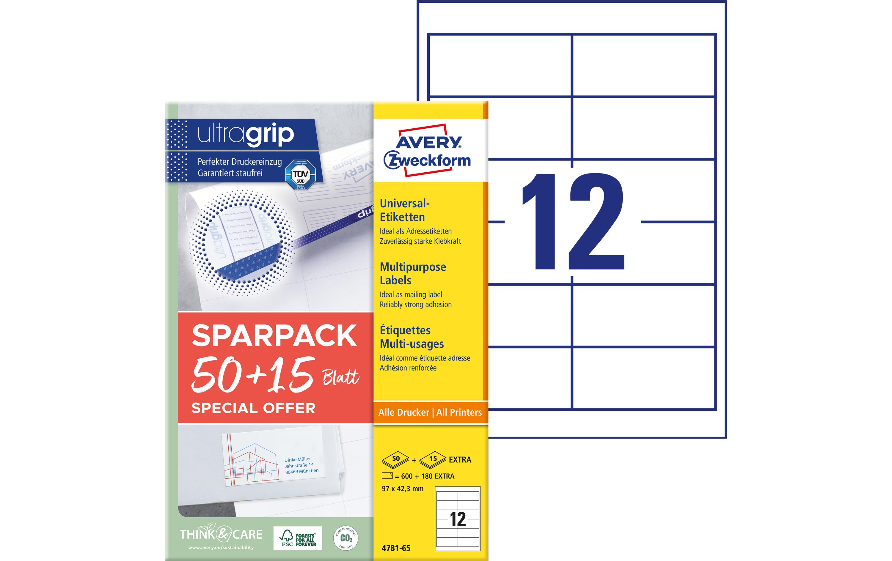 Avery Zweckform 4781-65 Universal-Etiketten 97 x 42,3 mm A4 65 Blatt Permanent Weiß