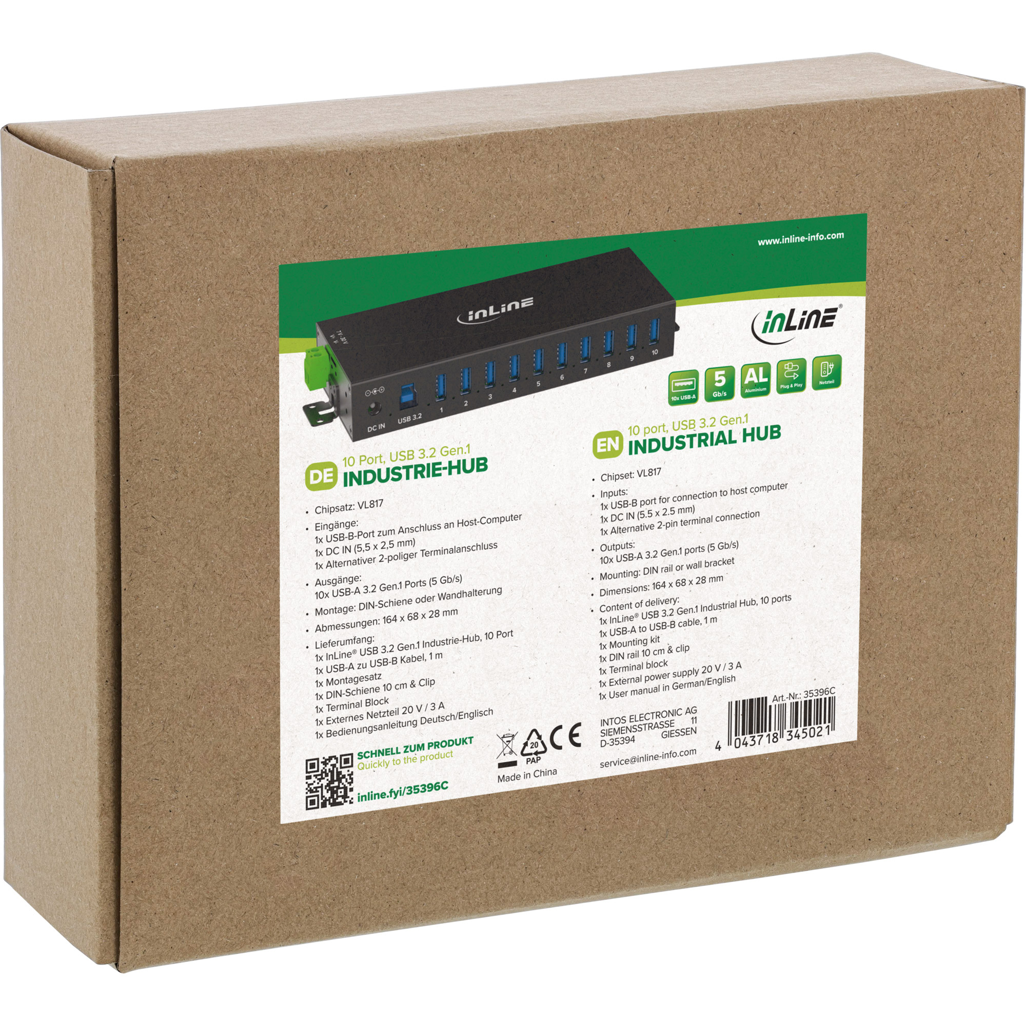 InLine USB 3.2 Gen.1 Industrie-Hub 10 Port Schwarz
